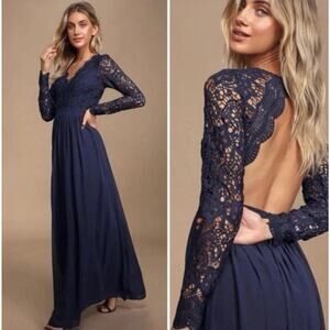 Lulu’s Awaken My Love Long Sleeve Lace Maxi Dress Blue Size large New With Tags